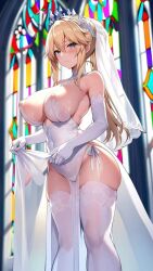 ai_generated artoria_pendragon artoria_pendragon_(lancer) blonde_hair blue_eyes busty church_interior fate/grand_order fate_(series) garter_belt garter_straps lingerie long_gloves see-through_clothing stained_glass thighhighs wedding_dress wedding_veil