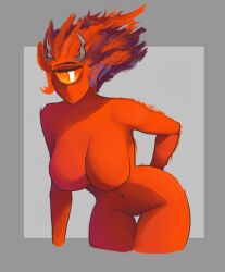 arms_behind_back bent_over big_breasts breasts brimstone_elemental calamity_mod cyclops female female_only fire fire_hair hanging_breasts horns large_breasts monster_girl no_genitals no_nipples nyxaquarious orange_eyes red_skin terraria topless