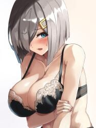 black_bra blue_eyes blush bra breasts cleavage collarbone female grey_hair hair_ornament hair_over_one_eye hairclip hamakaze_(kantai_collection) holding_own_arm kantai_collection large_breasts leaning_forward lingerie looking_at_viewer open_mouth short_hair solo sweatdrop underwear underwear_only yashiro_(silver_will)