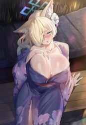 1girls animal_ears blonde blonde_hair blue_archive blue_eyes blush blushing breasts cleavage curvaceous curves curvy curvy_body curvy_female curvy_figure female female_only flower flower_in_hair gigantic_breasts huge_breasts japanese_clothes k_jin kanna_(blue_archive) kanna_(new_year)_(blue_archive) kimono large_ass large_breasts light-skinned_female public_peace_bureau_(blue_archive) revealing_clothes traditional_clothes valkyrie_police_school_student wet_body wet_breasts wet_skin