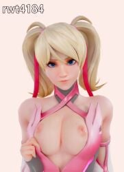 1girls 3d angela_ziegler blizzard_entertainment blonde_hair blue_eyes european exposed_breasts exposed_nipples female female_only highres looking_at_viewer mercy overwatch overwatch_2 pale-skinned_female petite pink_mercy rwt4184 seductive_eyes seductive_look seductive_mouth solo swiss twintails white_background