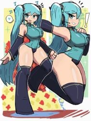 1girls big_breasts blue_eyes blue_hair blush egghead eyebrows female female_only hatsune_miku headphones large_breasts looking_at_viewer one_piece panties solo solo_female solo_focus thick_thighs thighhighs thighs tony_welt twintails vocaloid wide_hips