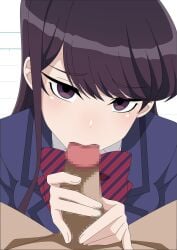 atelier_gons censored fellatio female holding_penis komi-san_wa_komyushou_desu komi_shouko looking_at_viewer male_pov mosaic_censoring playing_skinflute purple_eyes purple_hair