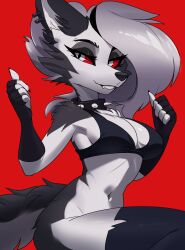 animal_ears anthro black_nose bottomless breasts canid canid_demon canine cheek_tuft chest_tuft clothing collar demon demon_girl ear_piercing ear_ring eyebrow_piercing facial_piercing facial_tuft female fluffy fur furry furry_only grey_body grey_fur grey_hair hair hellhound helluva_boss jesterwing long_hair loona_(helluva_boss) mammal multicolored_body multicolored_fur navel piercing red_sclera ring_piercing smile tail topwear tuft white_body white_eyes white_fur wolf_ears wolf_tail