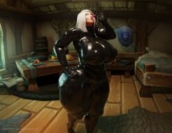 bbw breast_expansion butt_expansion chubby cramped destruction female giantess growth huge_breasts human hyper hyper_breasts latex latex_suit milf overweight potion ripped_clothing vanasmut wide_hips world_of_warcraft