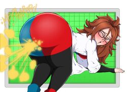 1girls android_21 android_21_(human) ass ass bent_over blush brown_hair dragon_ball dragon_ball_z earrings fart fart_cloud fart_fetish farting female glasses xeenitsu