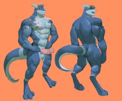 2022 abs anthro balls blue_body blue_skin brown_hair countershading deaddingos dragon erection genitals hair hi_res kuro_rex male model_sheet muscular muscular_male nipples nude pecs penis pink_nipples solo white_body white_skin