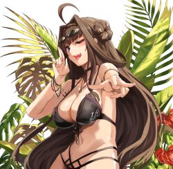 ;d ahoge armlet bare_shoulders bikini black_bikini blush bracelet breasts brown_hair cleavage collarbone cowboy_shot double_bun eyewear_on_head female gold groin hair_bun hairband hand_up jewelry kantai_collection kongou_(kantai_collection) long_hair navel necklace one_eye_closed open_mouth palm_leaf pointing pointing_at_viewer purple_eyes ring shiny_skin smile stomach sunglasses swimsuit yashiro_(silver_will)