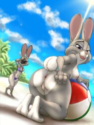 anthro anus ass ball beach beach_ball bikini bonnie_hopps camera clothing disney duo female genitals hi_res inflatable judy_hopps lagomorph leporid link6432 looking_at_viewer mammal mature_female nipples nude posing_for_picture pussy rabbit seaside swimwear zootopia