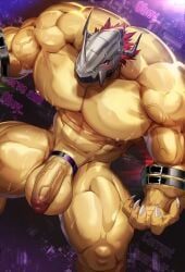 1boy 2023 abs anthro armor balls bandai_namco bara barazoku biceps big_balls big_muscles big_pecs big_penis blush claws completely_nude digimon digimon_(species) dragon flaccid flaccid_penis gay helmet hi_res highres huge_biceps huge_cock huge_muscles huge_pecs magangz male male_focus male_only manly muscles muscular muscular_anthro muscular_arms muscular_legs muscular_male muscular_thighs nipples nude orange_body orange_skin penis solo solo_male spread_legs sweat vein veiny_penis wargreymon