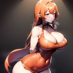 1girls ai_generated arms_behind_back arms_tied_behind_back busty cleavage collar female femsub navel_visible_through_clothes nemus_waifu_generator one-piece_swimsuit orange_bikini orange_hair pooplool slight_blush solo submissive_female tagme