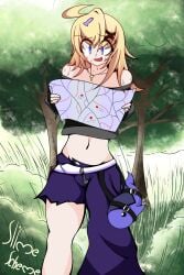 blonde_hair blue_eyes cute cute_male femboy femboysub forest forest_background imminent_rape imminent_sex lost ripped_clothing ripped_clothing ripped_pants slime_scheme sweat sweatdrop sweater thighs trap worried worried_expression