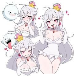 1girls bangs blush boo_(mario) boosette choker cleavage closed_eyes clothing cremanata crown embarrassed female female_focus ghost ghost_girl gloves leotard long_hair looking_at_viewer luigi's_mansion mario_(series) new_super_mario_bros._u_deluxe pendant pink_eyes red_eyes seductive sharp_teeth simple_background smile standing super_crown thick_thighs thighs tongue tongue_out white_background white_hair