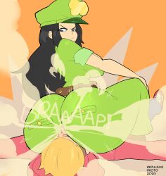 1boy 1girls ass_on_face big_ass big_butt black_eyes black_hair brap_police facesitting fart fart_cloud fart_fetish farting farting_in_face green_pants hand_on_knee hat laying_down laying_on_back looking_back oc orange_background original original_character police police_hat police_officer police_uniform policewoman protorepulsive repulsiveproto thick_thighs