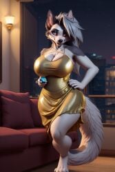 ai_generated anthro big_breasts black_lips black_nose canid canid_demon canine canis cleavage dress fur furry gold_dress gray_fur gray_hair grey_fur grey_hair hair_over_one_eye hand_on_hip hellhound helluva_boss hind_legs hindlegs hindpaw indoors long_dress long_hair looking_at_viewer loona_(helluva_boss) night night_sky nighttime phone phone_screen pupils red_sclera snout stable_diffusion standing tail thick thick_thighs two_tone_fur vivienne_medrano voluptuous wgenjoyr4539 white_eyes white_fur