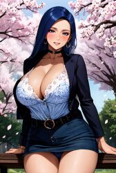 1girls ai_generated blue_hair cherry_blossoms curvaceous curvy_body curvy_female denim_clothing denim_skirt female_focus huge_breasts looking_at_viewer mature_female milf panties seductive_look stable_diffusion upskirt voluptuous voluptuous_female