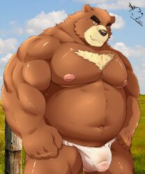 2023 absurd_res anthro asian_clothing bear belly big_belly black_nose bottomwear brown_body bulge clothing east_asian_clothing fundoshi hfengfffff hi_res humanoid_hands japanese_clothing juuichi_mikazuki kemono male mammal moobs morenatsu musclegut navel nipples overweight overweight_male pants shirt solo topwear underwear white_clothing white_fundoshi white_underwear