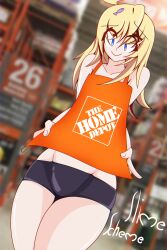 apron blonde blonde_hair blue_eyes cute cute_male embarrassed femboy femboysub home_depot latex latex_shorts shelves shorts skintight skintight_clothing slime_scheme underwear uniform warehouse workplace