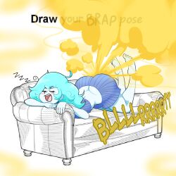 1girls ass_cleavage ass_up big_ass big_butt blue_hair blue_shorts blush butt_crack closed_eyes couch english_text fart fart_cloud fart_everywhere fart_fetish farting oc open_mouth original original_character protorepulsive repulsiveproto shorts sleep_farting sleeping solo_female text white_skin zzz