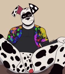 2023 anthro balls black_clothing black_nose black_shirt black_topwear canid canine canis clothing dalmatian danny_(zackdadawg) digital_media_(artwork) domestic_dog gay genitals hi_res humanoid_genitalia humanoid_penis looking_at_viewer male mammal multicolored_clothing penis shirt simple_background solo topwear white_body zackdadawg