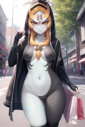 1girls ai_generated angry black_legwear breasts cape clothing exposed_breasts female female_only fluffy legwear midna nintendo public public_nudity pussy ruptuorie shopping_bag small_breasts solo stockings the_legend_of_zelda twili_midna twilight_princess