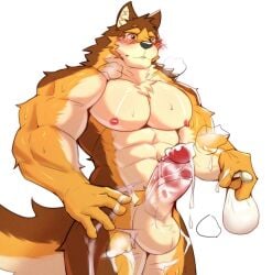 abs anthro aquaticrecon balls barrel_(live_a_hero) big_penis blush bodily_fluids canid canine canis condom cum erection filled_condom genital_fluids genitals lifewonders live_a_hero male mammal muscular muscular_anthro muscular_male nipples nude pecs penis sexual_barrier_device solo wolf