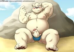 1boy absurd_res anthro beach bear beckoning belly blush bulge clothing erection eyebrows foreskin fur genitals gesture hi_res leib_(tokyo_afterschool_summoners) lifewonders looking_at_viewer male male_only mammal musclegut navel nipples pawpads pecs penis poking_out polar_bear reddo12340 sand seaside solo speedo swimwear thick_eyebrows tokyo_afterschool_summoners ursine white_body white_fur