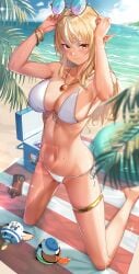 1girls beach beach_towel big_breasts bikini blonde_hair bracelet breasts cooler elf_ears female_only hololive hololive_fantasy hololive_japan huge_breasts long_hair midriff necklace piercings rag76 shiranui_flare smile sunglasses sunglasses_on_head sunscreen thighlet virtual_youtuber vtuber wet yellow_eyes