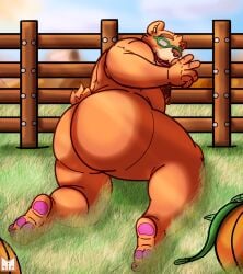 2021 animal_humanoid anthro ass balls bear brown_body brown_fur closed_eyes erection fur genitals hi_res humanoid kemono lifewonders lying male mammal mammal_humanoid moobs nipples nude overweight overweight_anthro overweight_male red_panda_mirr solo tokyo_afterschool_summoners volos