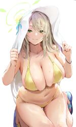 abydos_high_school_student blue_archive blush chela77 curvy huge_breasts nonomi_(blue_archive) nonomi_(swimsuit)_(blue_archive) official_alternate_costume pulled_by_self sandals sitting smile swimsuit thick_thighs