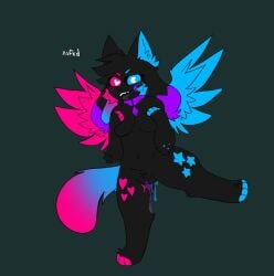 4_ears black_fur blue_fur breasts dripping_pussy female furry furry_only gradient_fur kittydog_(species) kittydogcrystal night_crystal_(kittydogcrystal) pink_fur purple_fur pussy_juice solo standing_on_one_leg tongue_out touching_breasts wings