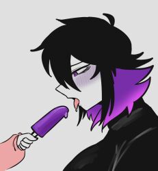 2022 2d bangs black_hair blush clothed female female_only food holding_object multicolored_hair open_mouth original popsicle purple_hair saliva side_view suggestive tongue tongue_out zeni_(zenikitsu) zenikitsu