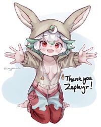 alternate_costume barefoot blush cleavage female female_only full_body green_hair high-angle_view hood hood_up hoodie kigurumi kingjoshuaart kneeling looking_at_viewer made_in_abyss nanachi_(cosplay) no_bra outstretched_arms pale-skinned_female pale_skin prushka rabbit_ears red_eyes short_hair smile solo two_tone_hair white_hair wholesome