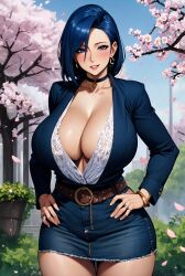 1girls ai_generated blue_hair cherry_blossoms curvy_female curvy_figure denim_clothing denim_skirt female_focus female_only huge_breasts jeans_skirt looking_at_viewer mature_female milf seductive_look stable_diffusion voluptuous voluptuous_female