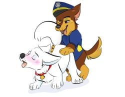 blush bolt_(character) bolt_(film) brown_fur canine chase_(paw_patrol) collar crossover disney eyes_closed feral feral_on_feral gay male/male male_penetrating male_penetrating_male one_eye_closed paw_patrol plain_background police_hat police_uniform tagme two_tone_fur white_background white_fur