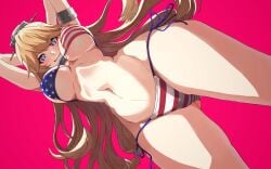 american_flag_bikini arm_strap armband arms_behind_head ass_visible_through_thighs bikini blonde_hair blue_eyes blush breasts cowboy_shot dutch_angle female flag_print from_below groin headgear iowa_(kantai_collection) kantai_collection large_breasts long_hair looking_at_viewer looking_down messy_hair navel pink_background side-tie_bikini_bottom sidelocks simple_background skindentation smile solo star-shaped_pupils star_(symbol) stomach swimsuit symbol-shaped_pupils underboob yashiro_(silver_will)