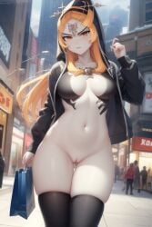 1girls ai_generated angry black_legwear breasts cape clothing exposed_breasts female female_only fluffy legwear long_hair midna nintendo no_bra no_panties public_nudity pussy ruptuorie shopping_bag small_breasts solo stockings the_legend_of_zelda twili_midna twilight_princess