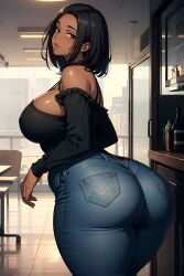 1girls ai_generated black_hair curvaceous curvy_female dark-skinned_female denim_jeans huge_breasts seductive_look stable_diffusion voluptuous voluptuous_female