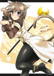 artist_name black_pants blue_eyes blush breasts brown_hair cat_ears cat_tail closed_mouth dated female large_breasts linith looking_at_viewer lyrical_nanoha mahou_shoujo_lyrical_nanoha paw_pose san-pon short_hair smile solo