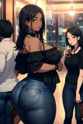 1girls ai_generated bubble_butt curvaceous curvy_body dark-skinned_female denim_jeans female_focus female_only huge_breasts looking_at_viewer seductive_look solo_female stable_diffusion voluptuous voluptuous_female