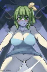 1girls alternate_version_at_source big_breasts blush cleavage daiyousei exposed_pussy fairy fairy_wings get2_audio2 green_eyes green_hair light-skinned_female night panties_down pussy_juice shirt thick_thighs touhou watermark