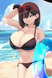 beach big_breasts bikini black_bikini black_hair bob_cut breasts buoy female_only goggles_on_head heterochromia huge_breasts light-skinned_female orange_eyes original_character psyg2 shades short_hair string_bikini sunglasses sunglasses_on_head swimsuit wet yellow_eyes