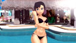 3d 3d_(artwork) ass big_ass big_breasts bikini bikini_bottom bikini_top black_bikini black_bikini_bottom black_bikini_top black_hair breasts decltype(auto) hilda_(series) kaisa_(hilda) large_ass large_breasts navel pale-skinned_female pale_skin pool purple_hair short_hair thighs two_tone_hair