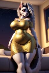 ai_generated anthro big_breasts black_lips black_nose canid canid_demon canine canis cleavage dress fur furry gold_dress gray_fur gray_hair grey_fur grey_hair hair_over_one_eye hellhound helluva_boss hind_legs hindlegs hindpaw indoors long_dress long_hair loona_(helluva_boss) night night_sky nighttime pupils red_sclera snout stable_diffusion standing tail thick thick_thighs two_tone_fur vivienne_medrano voluptuous wgenjoyr4539 white_eyes white_fur