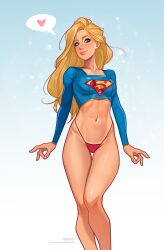 2d 2d_(artwork) bare_midriff big_ass big_breasts blonde_hair blouse blue_eyes breasts cute dc dc_comics female female_only g-string happy highleg_thong kara_danvers kara_zor-el legs long_hair loose_hair midriff midriff_baring_shirt minko muscular_legs olena_minko revealing_clothes seductive see-through see-through_clothing sensual smile smiling smirk supergirl thick thick_thighs thong