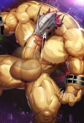 1boy 2023 abs anthro armor autofellatio balls bandai_namco bara barazoku biceps big_balls big_muscles big_pecs big_penis blowjob blush claws completely_nude cum cum_drip cum_dripping_from_penis cum_in_mouth digimon digimon_(species) dragon erection gay genital_fluids hard_on helmet hi_res highres huge_biceps huge_cock huge_muscles huge_pecs hyper_balls hyper_penis magangz male male_focus male_only manly muscles muscular muscular_anthro muscular_arms muscular_legs muscular_male muscular_thighs nipples nude orange_body orange_skin orgasm penis solo solo_male spread_legs sweat vein veiny_penis wargreymon