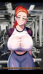 1girls big_breasts big_thighs bodily_fluids breasts busty english_text female female_only gym gym_uniform honeyshot huge_breasts huge_thighs large_breasts large_thighs navel rick_and_morty summer_smith sweat thick_thighs thighs voluptuous