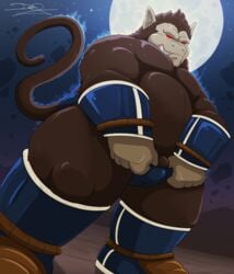 ape biceps bulge chubby clothing damingo dragon_ball dragon_ball_z flashing looking_at_viewer male male_only mammal musclegut muscles oozaru penis primate red_eyes solo speedo standing swimsuit tight_clothing topless