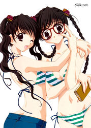 bikini black_hair blush book braid brown_eyes copyright_request glasses hair_ornament hairclip high_res highres kadoi_aya megane mizugi multiple_girls pointy_chin siblings side-tie_bikini striped swimsuit tied_hair twin_braids twins twintails watermark wink