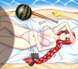 absurdres baseball_bat beach bikini book braid breasts cleavage female food front-tie_top fruit green_eyes hair_ribbon highres large_breasts lipstick lipstick_tube long_hair lying makeup navel nipples original pussy red_hair ribbon rubber_duck ryuuzouji_usagi see-through shiny side-tie_bikini single_braid smile solo swimsuit very_long_hair water watermelon wet white_bikini white_swimsuit